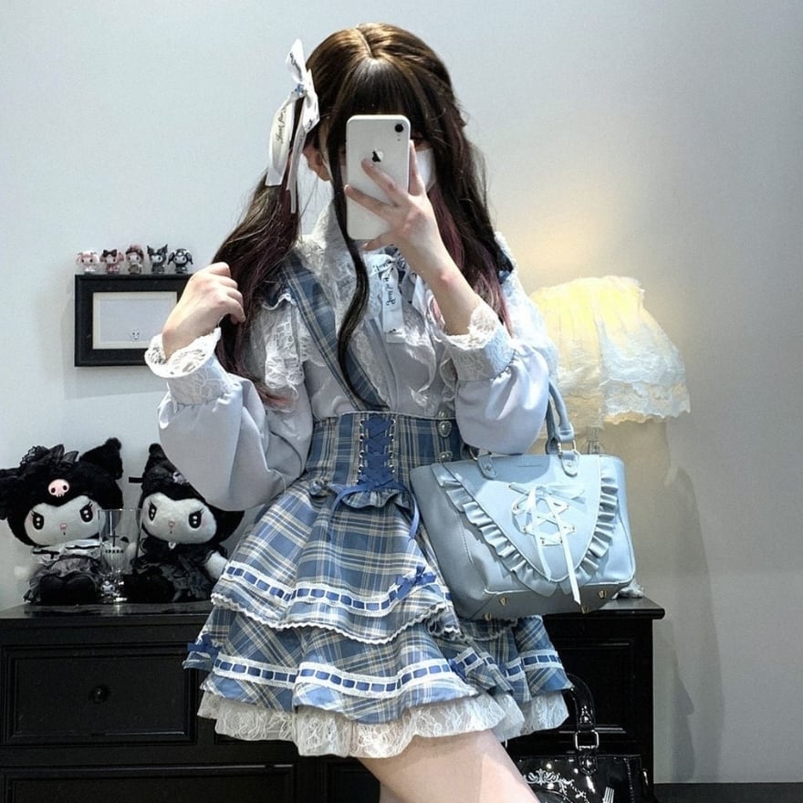 レース×リボンの量産型チェックフリルスカート|ウエスト細見えデザイン・トップス合わせ自在・地雷系ガーリーコーデ