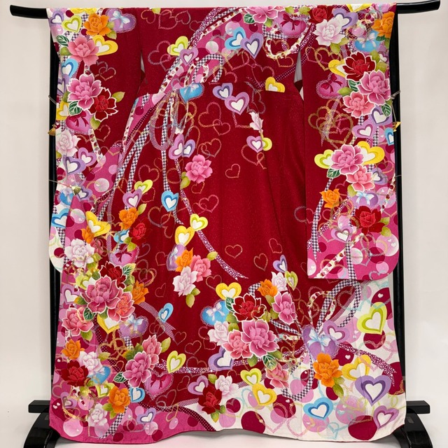 振袖 中古 赤 正絹 古典 裄68.6cm 身丈170.2cm 美品 L サイズ 成人式 6193
