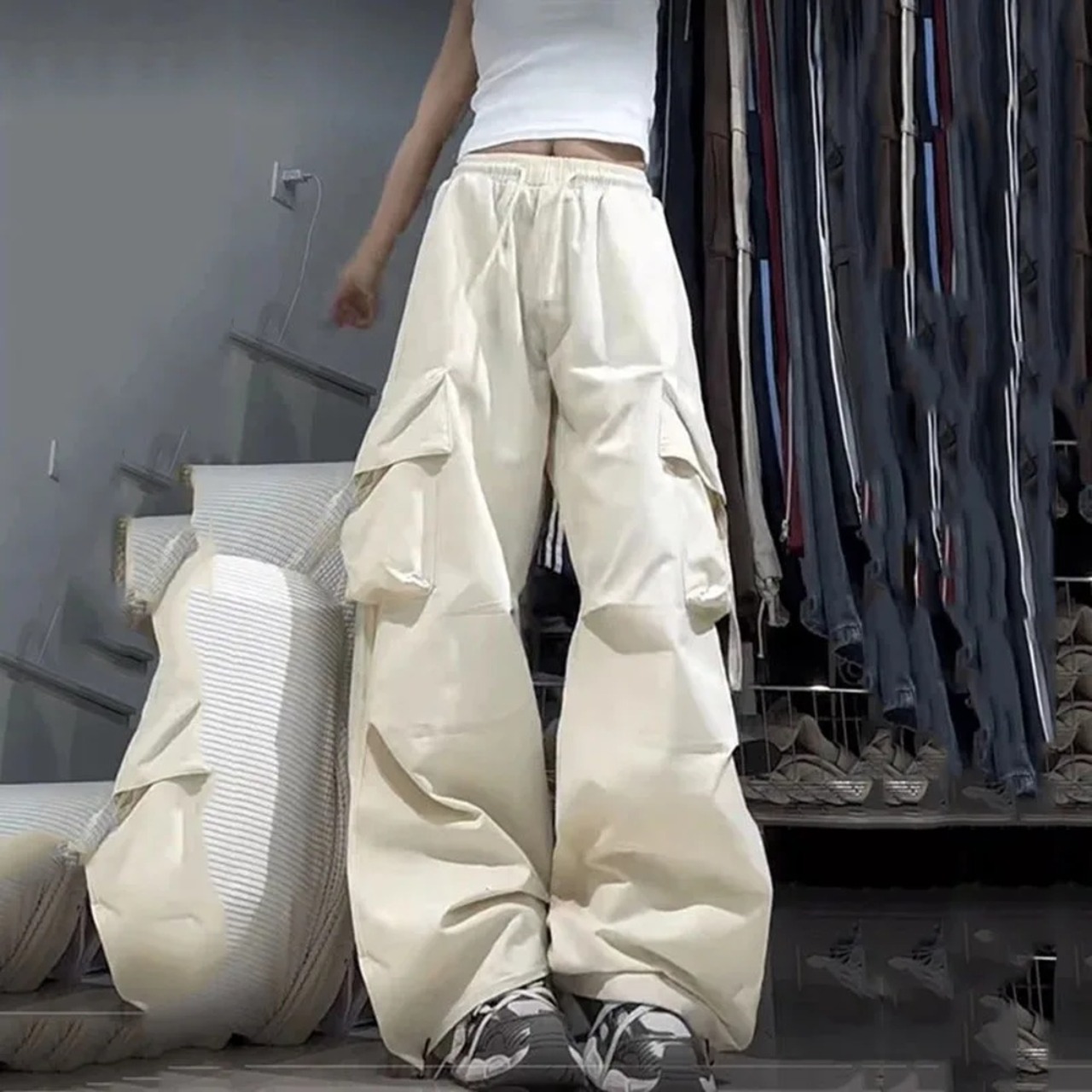 女性用ハイウエストバギースウェットパンツ、y2kカーゴパンツ、女性用 