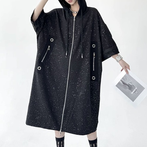 Hooded zipper long parker dress C1031