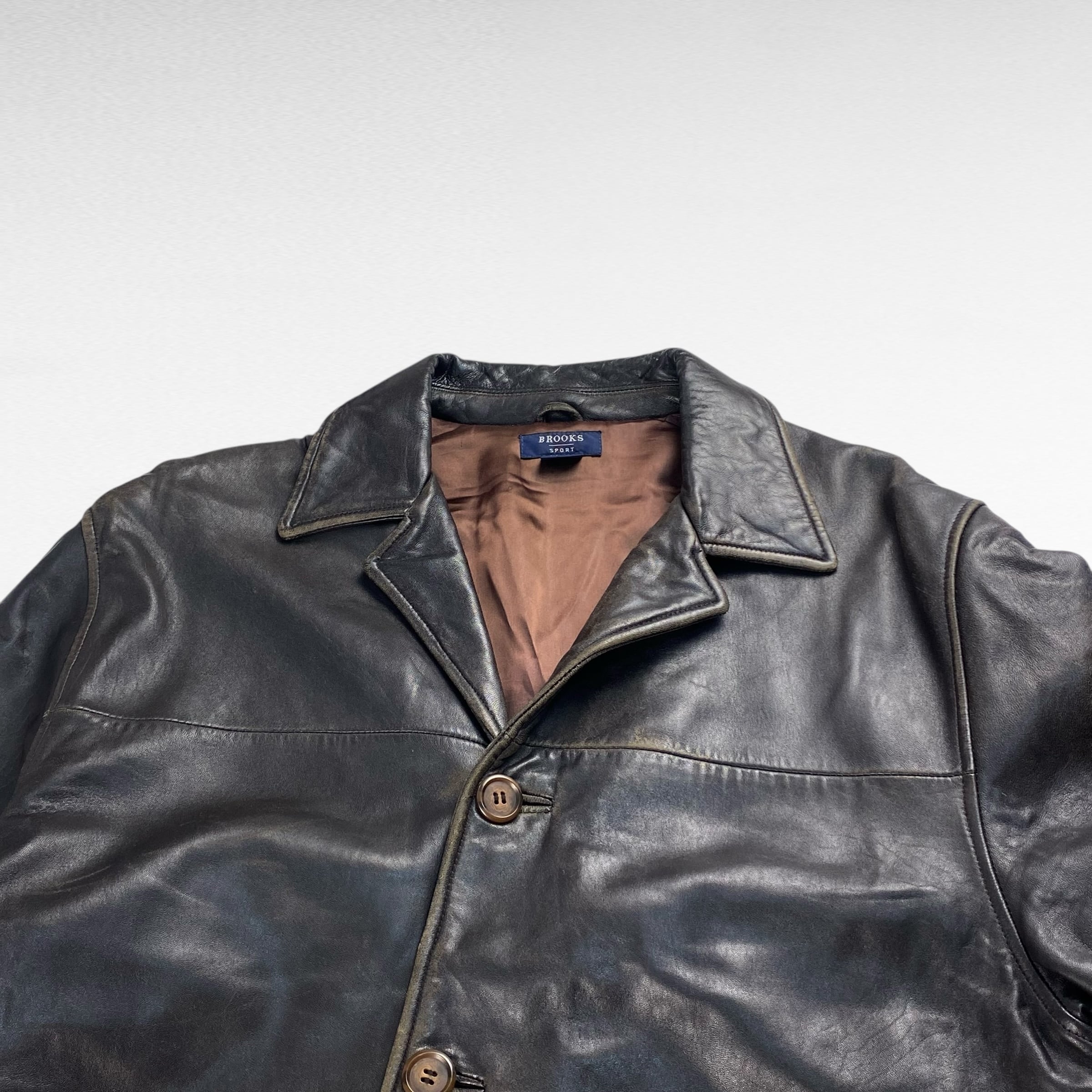 USED ブルックスブラザーズ XL相当 開襟レザーカーコート ラムスキン