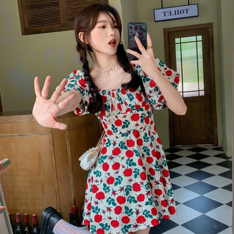 フローラルドレス サマースタンダードスリーブショートスカート レトロ 夏物 花柄 スクウェア YY-ファッション75995335735