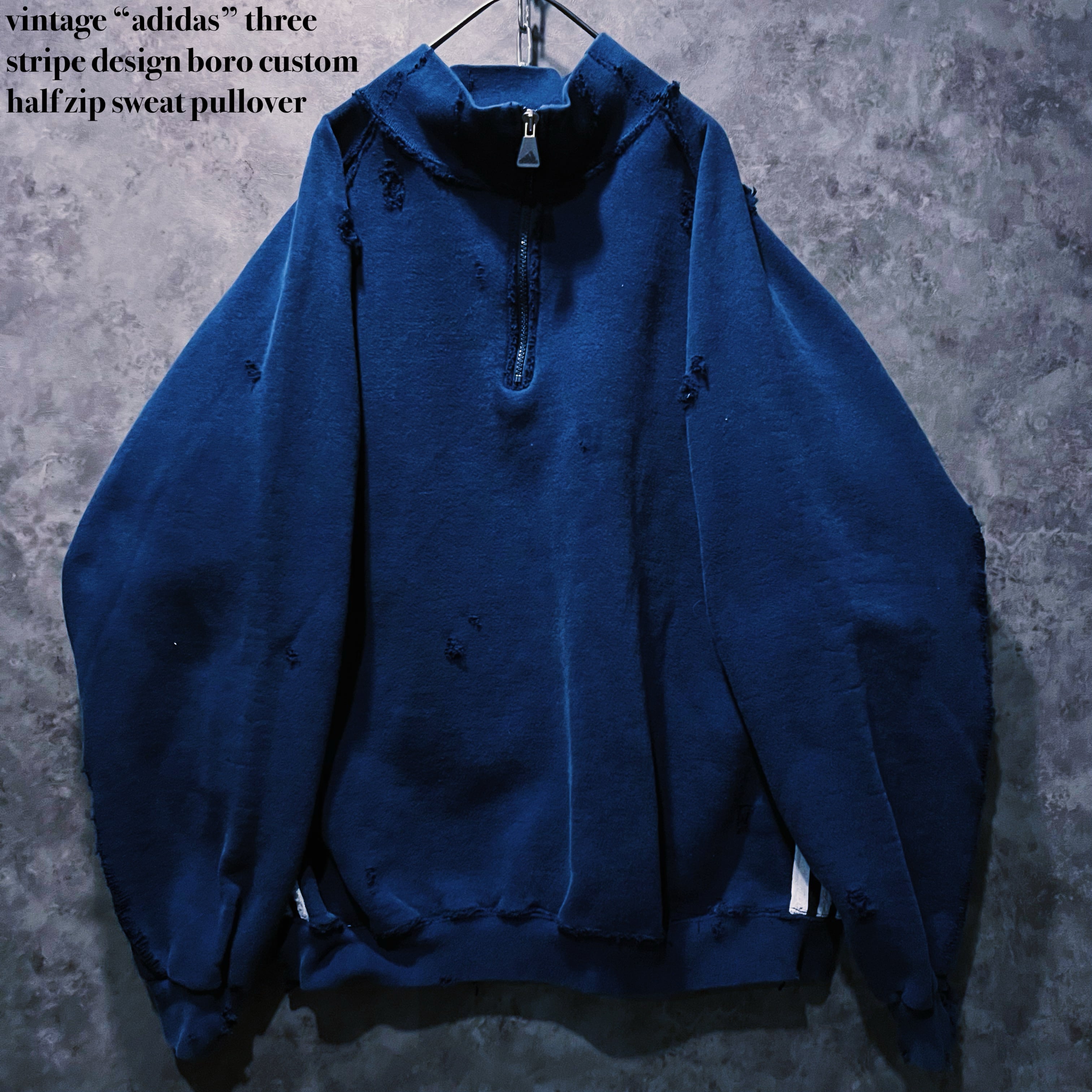 【doppio】vintage “adidas” three stripe design boro custom half zip sweat pullover