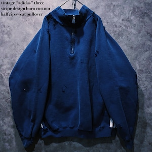 【doppio】vintage “adidas” three stripe design boro custom half zip sweat pullover
