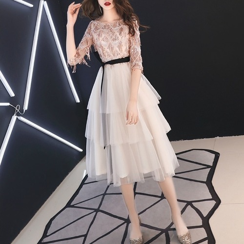 ドレス ワンピース ミモレ丈 シャンパンゴールド ラウンドネック ウエストリボン チュールスカート フレアスカート ビジュー シフォン 五分袖 華やか エレガント パーティー オールシーズン レディース　BADA0140