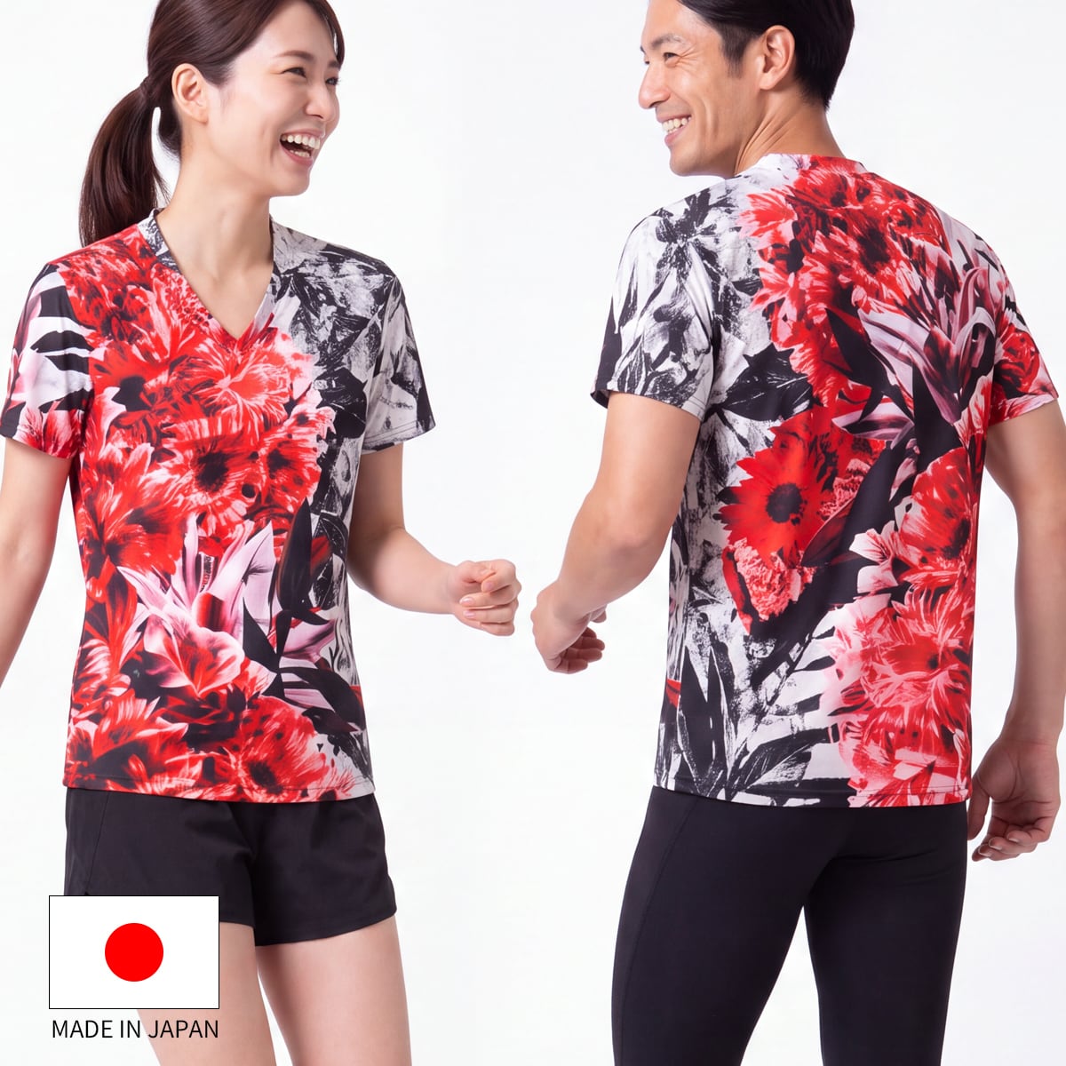 Vネック 半袖 Tシャツ 花 フラワー グラフィック ストレッチ スポーツ
