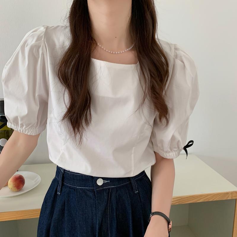 スリーブシャツ サマースタイルプリーツソリッド カラー薄手半袖トップス ショート リボン ハーフスリーブ 夏物 ソリッドカラー スクウェア ビッグFスモールZ韓国43300843314