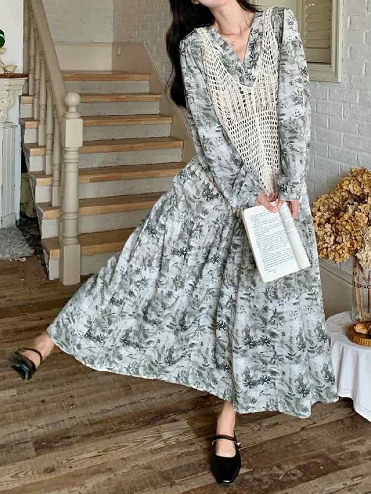 カネコイサオ ロング ワンピース 花柄 ピンタック ピコフリル ベルト