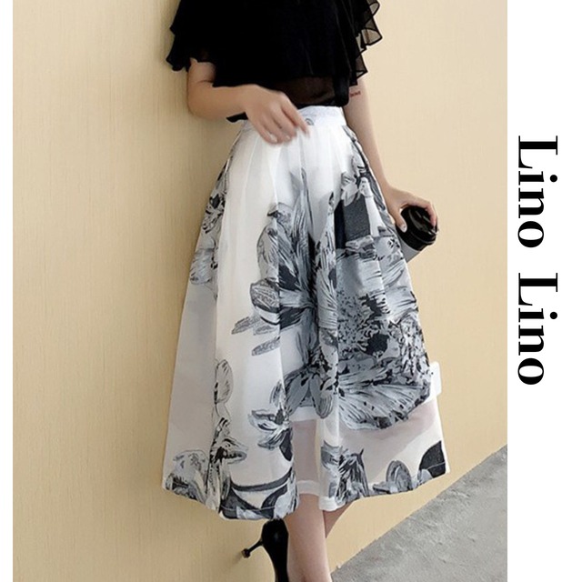 Flower Pattern Midi-Length Flare Skirt L00835