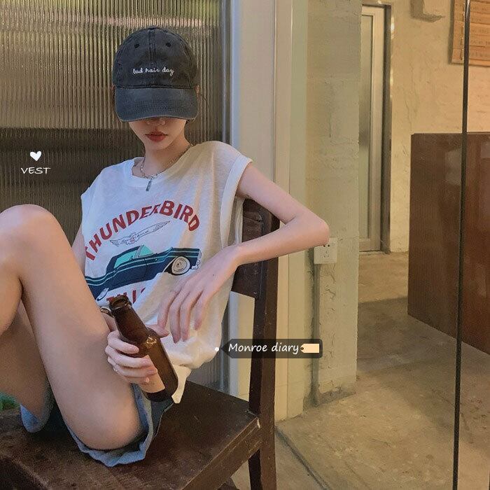 ホワイトプリントTシャツ ノースリーブサマールーズトップス 夏物 モンロー3458384391