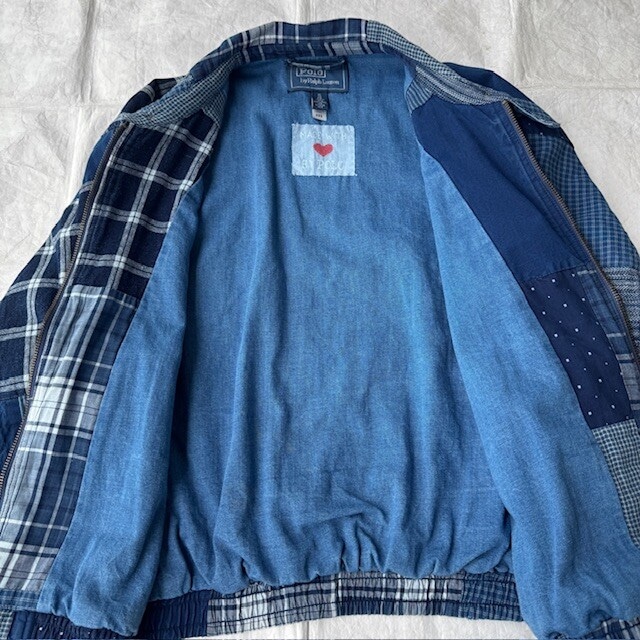 Polo Ralph Lauren ポロラルフローレン パッチワーク ボンバージャケット スイングトップ インディゴ 古着 XL 画像6