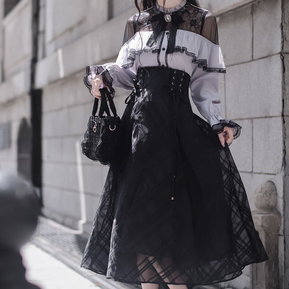 シースルーショルダーロングスカートセットアップ：スカート