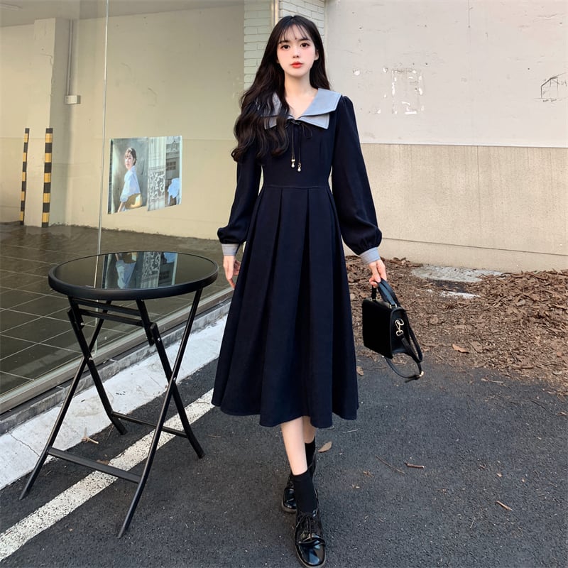 ロングワンピース レディース ロング ワンピース 襟付き リボン タック