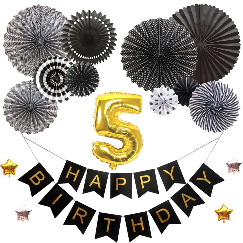 5歳バースデー デコレーションバルーンセット ブラック 誕生日 豪華 飾りつけ 数字風船 ペーパーファン ガーランド お祝い パーティー FTA210  | 幸せを運ぶ風船Shopフロンティアバルーン