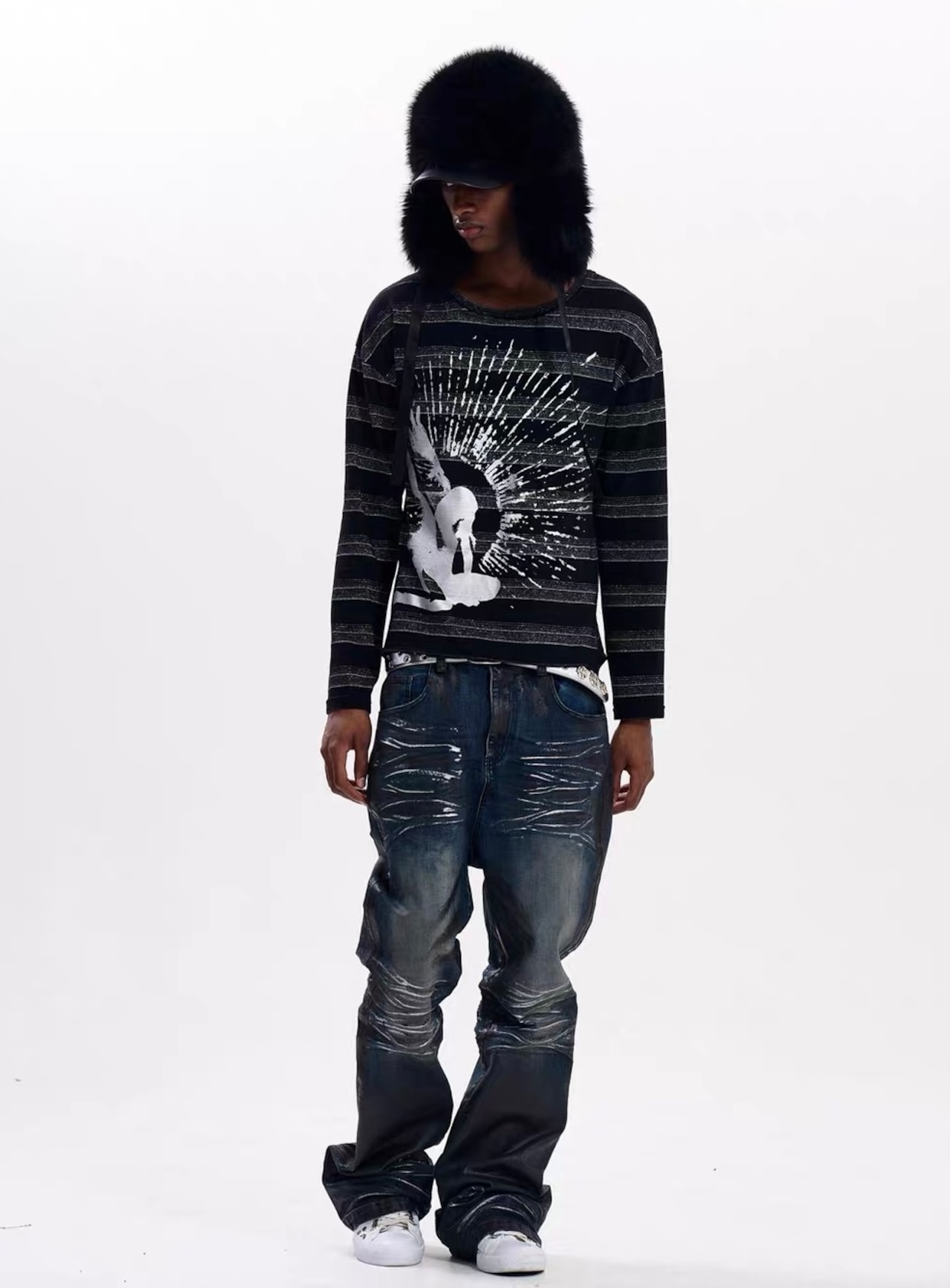 【Fourth3ex】Stripe Portrait Print Long Sleeve T-Shirt