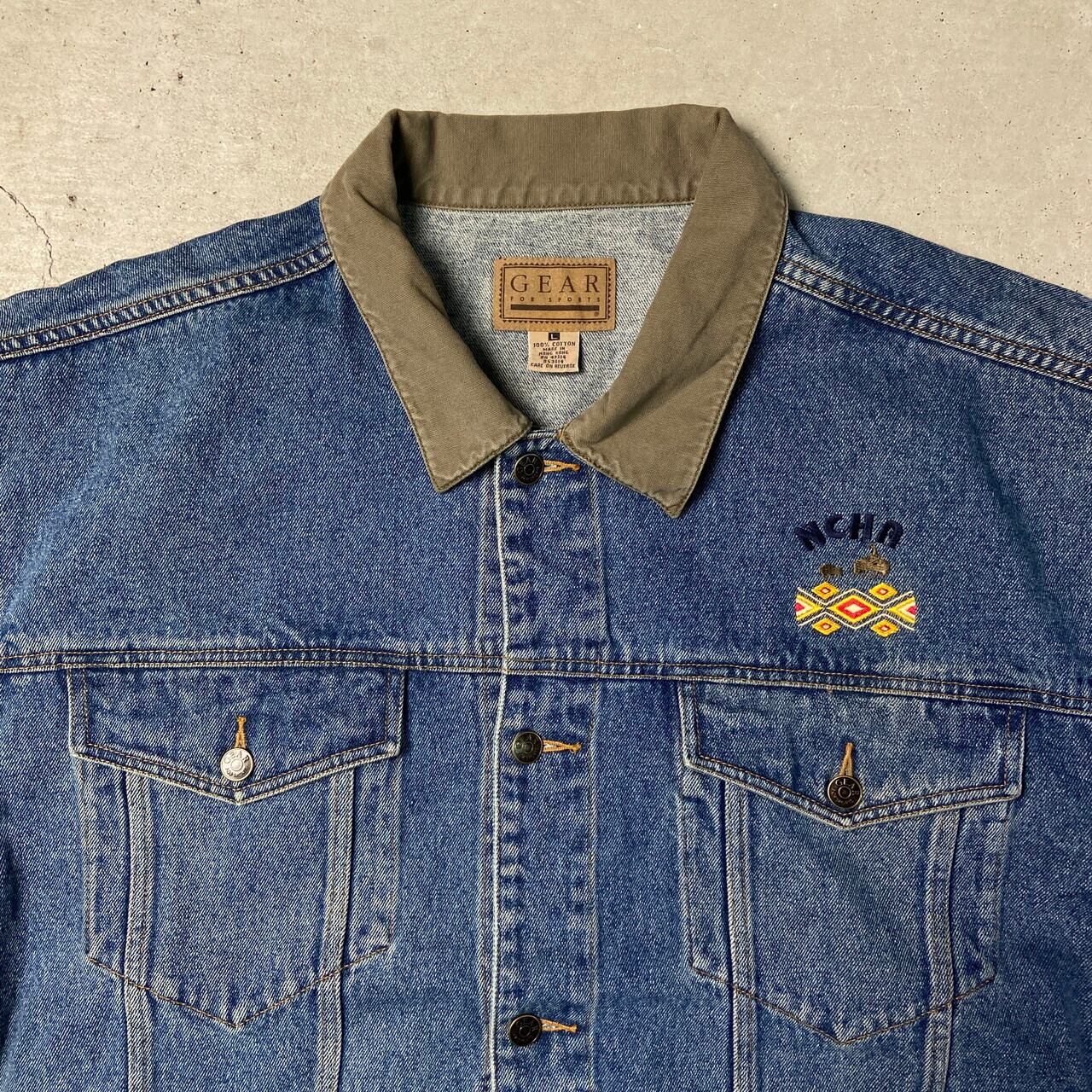 90年代 GEAR FOR SPORTS デニムジャケット 刺繍ロゴ メンズXL相当 古着 90s VINTAGE ヴィンテージ NCHA