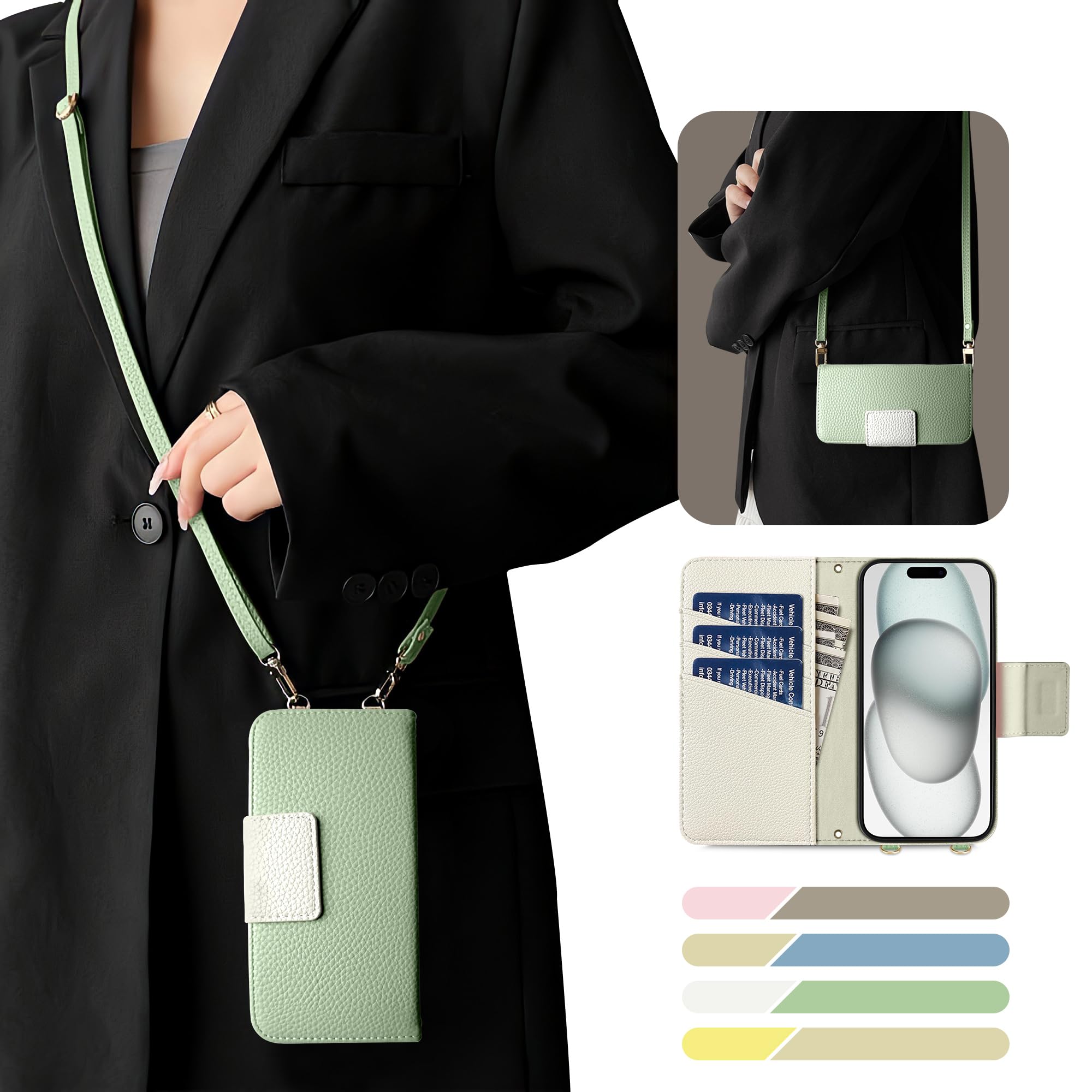 Kahper For iPhone 18 Pro ケース 手帳型 iPhone 17 Pro ショルダー バイカラー(グリーン メ ホワイト)