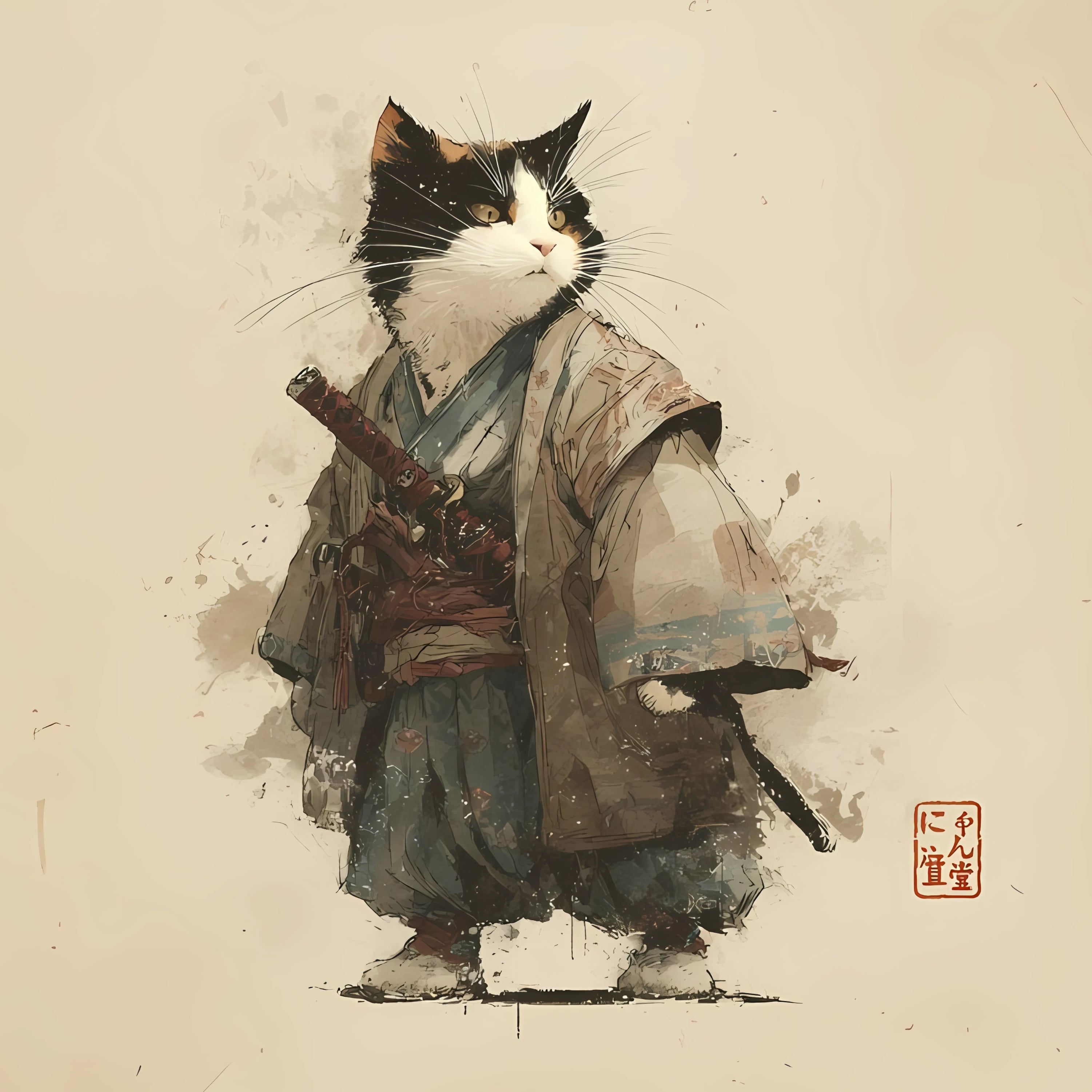斜陽に立つ猫武士 – 墨絵風 ロングTシャツ リブなし/ Cat Samurai