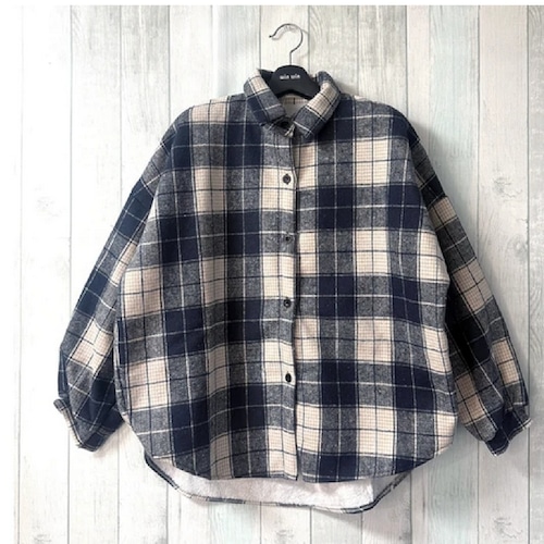 裏ボアチェック柄アウターシャツ/オレンジ・ネイビー２色展開/M～L
