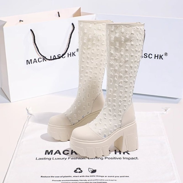 mesh material buckle design knee high boots m0038