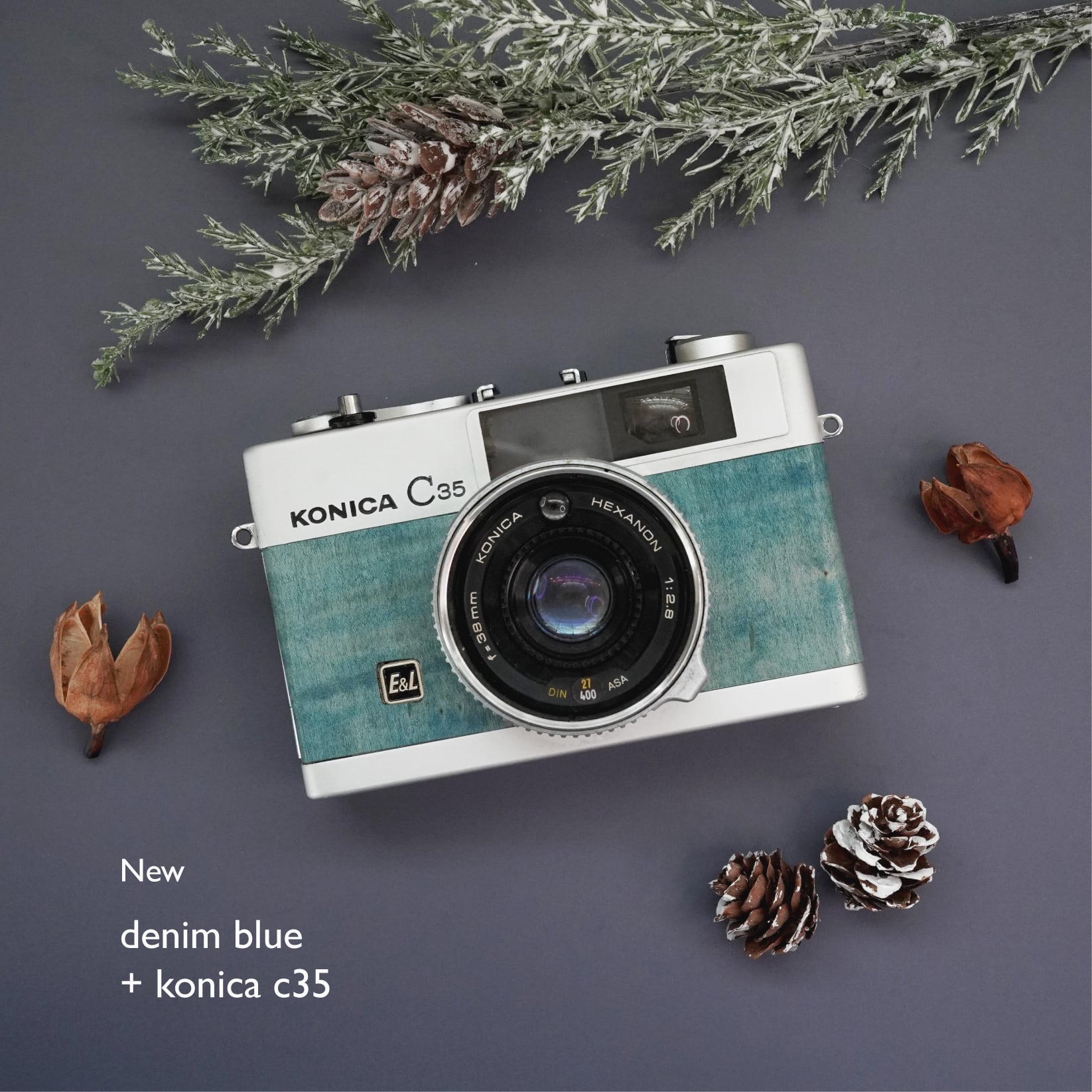 デニムブルー Konica C35 レトロフィルムカメラ 青 天然素材 受注