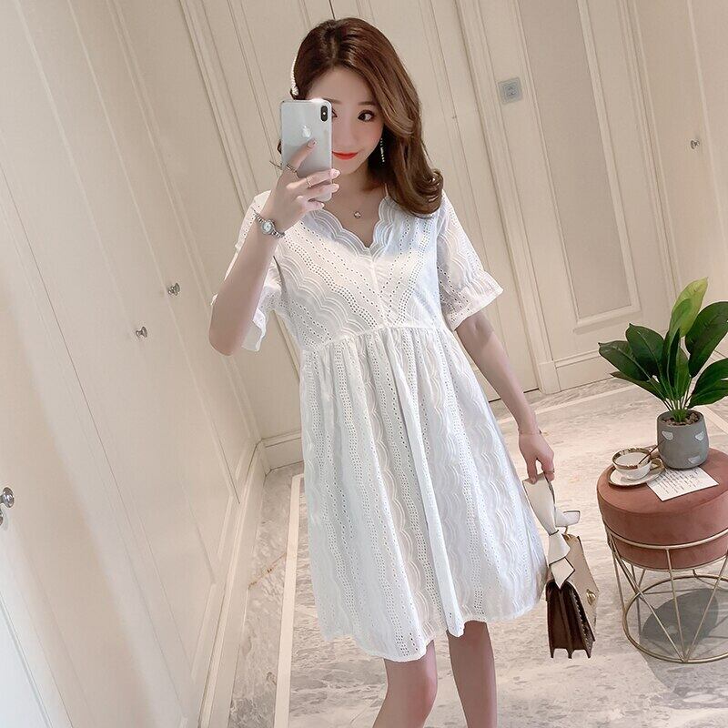 【新作】【送料無料】 814＃サマーVネックホワイトコットンレースマタニティドレス服妊娠中の女性ネクタイウエスト妊娠 夏物 AL expec395046879