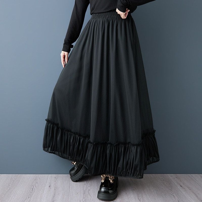 LAYERED MESH RUFFLED WIDE LEG SKIRT PANTS M-18469