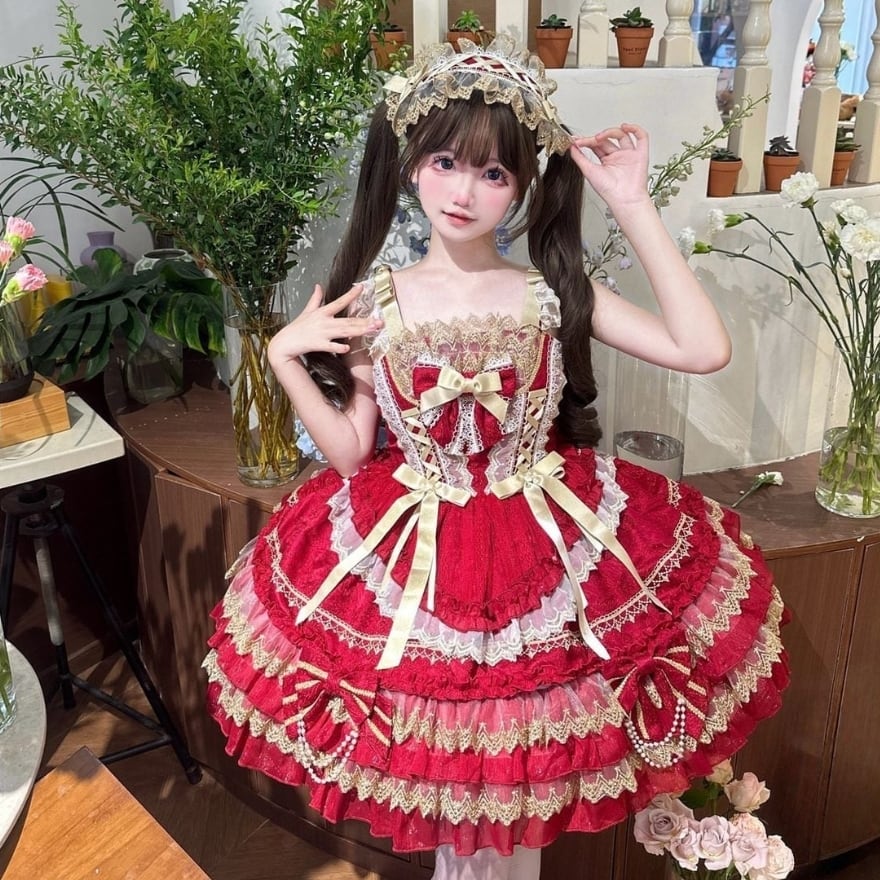 クラロリ 宮廷風ドレス ロイヤルレッド×ゴールド刺繍 5色展開｜WithU