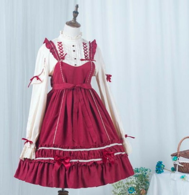 ゴスロリ お嬢様ワンピース 長袖 袖コン レトロ調 メイド プリンセス ピンク レッド ブラック 夢可愛い ゴシック ロリータ 送料無料 天使と悪魔 サブカル系ファッション Seasonz