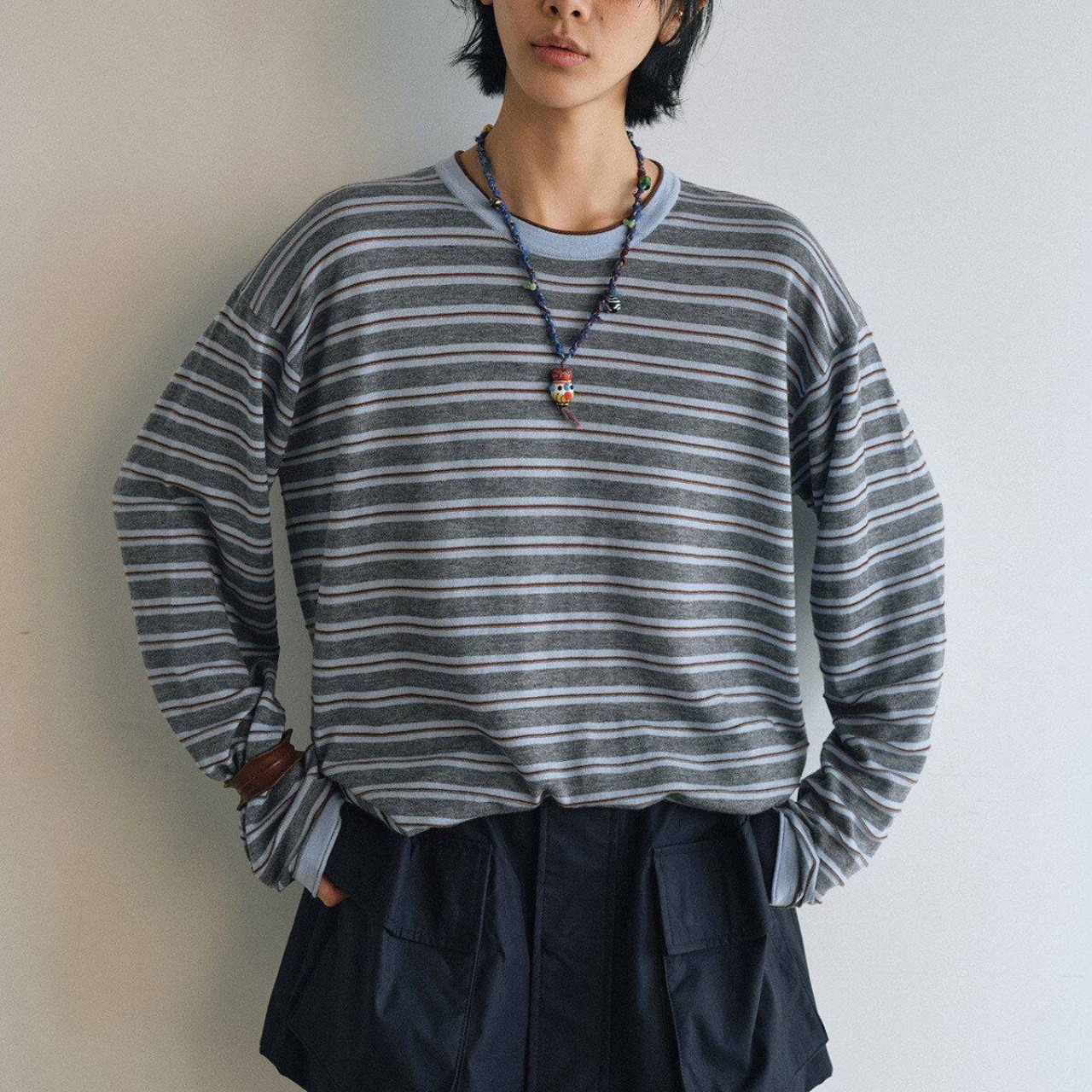 Striped Long Sleeve Crew Neck tops T4309