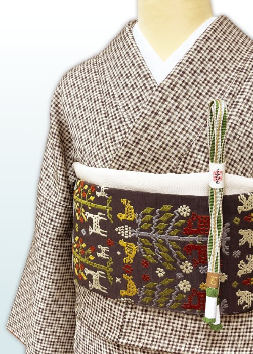 (袷)ベージュ地 小格子鮫縞文 草木染め 小紋 紋なし・しつけ糸付き LUKHR-058(リユース品)