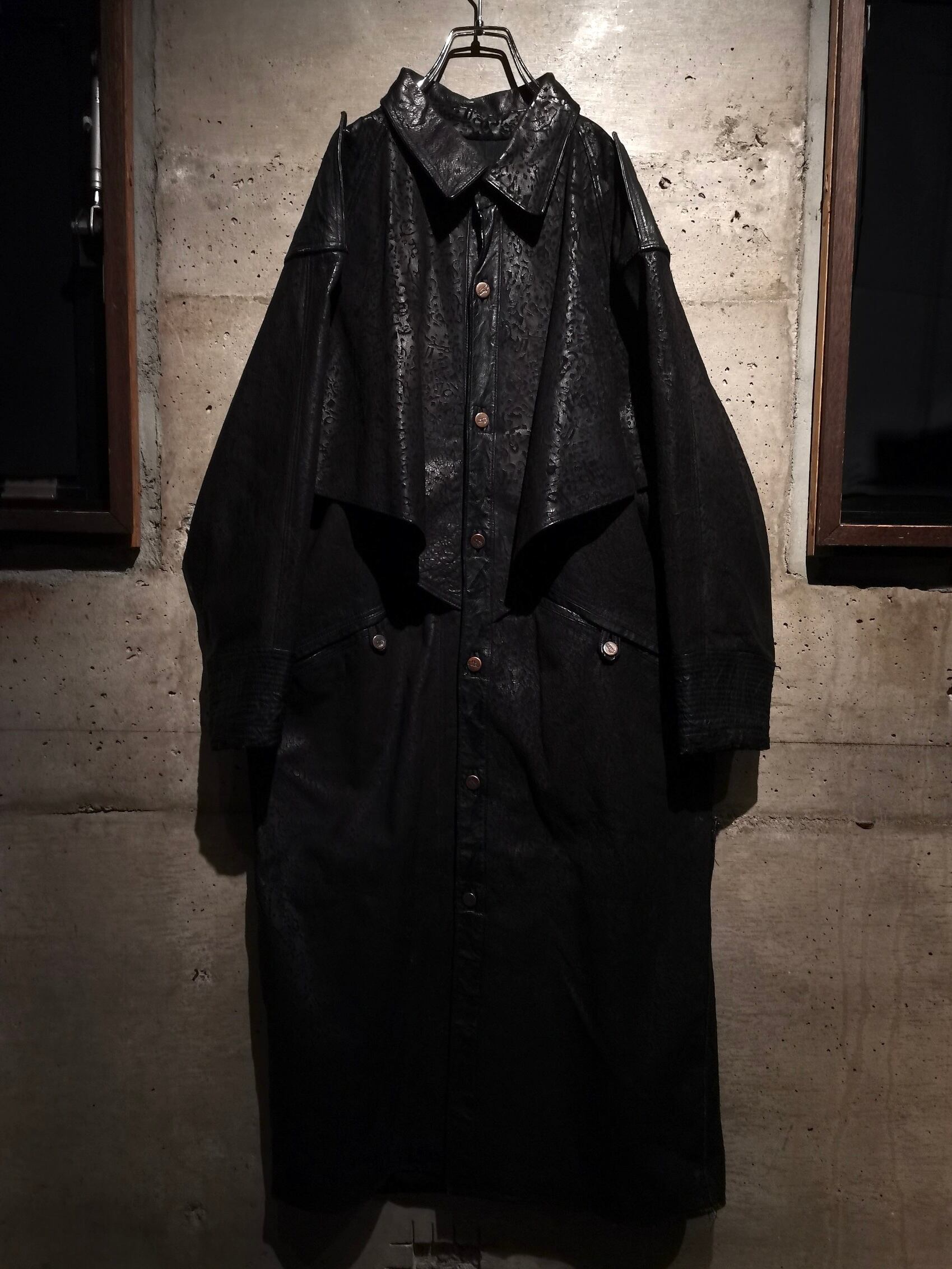 Caka】Abstract Pattern Vintage Loose Leather Long Coat | Caka(カカ 
