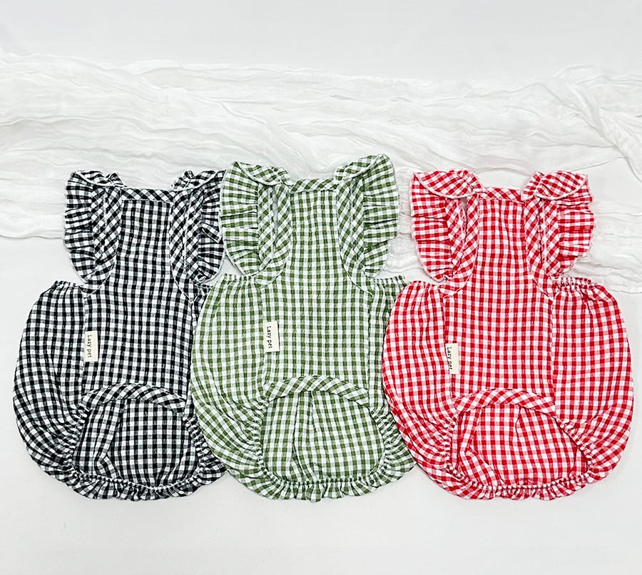 gingham frill dress S ~ XL 3color / 犬服 ワンピース 夏 韓国犬服 ギンガム チェックフリル ノースリーブ ドレス 涼しい ドッグウェア