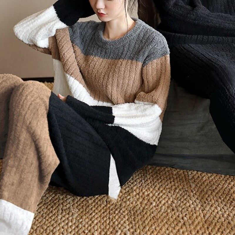 【ladies/M-XL】Warm fleece pullover long-pants pair pajamas p759
