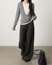 Fake-layered u-neck long-sleeve knit  L0074