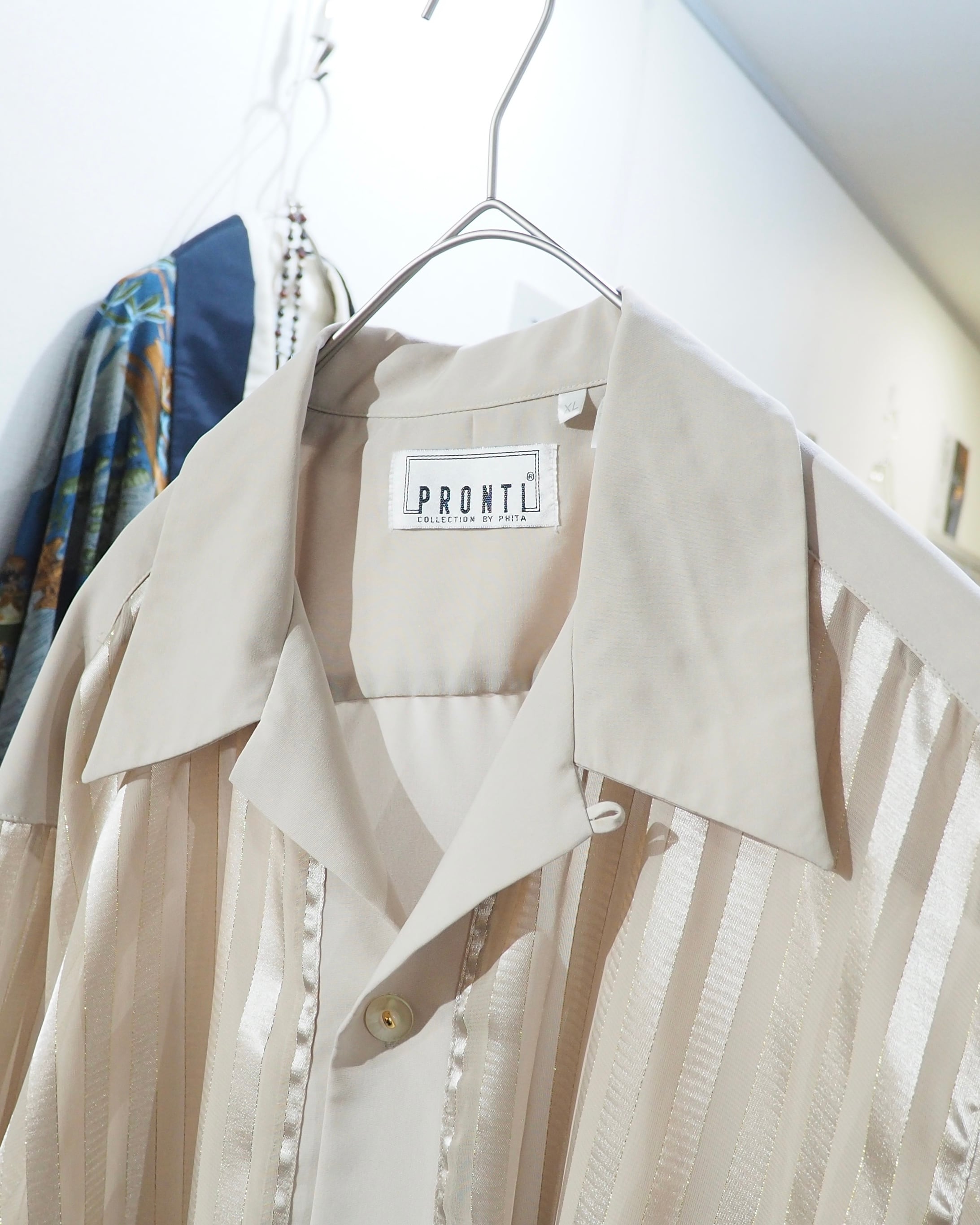 1990s " PRONTI " Sheer stripe Design vintage Drape loose Open collar Shirt