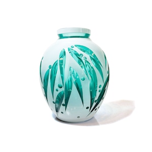 Vintage Ono Crystal hand-cut overlay glass vase green and white
