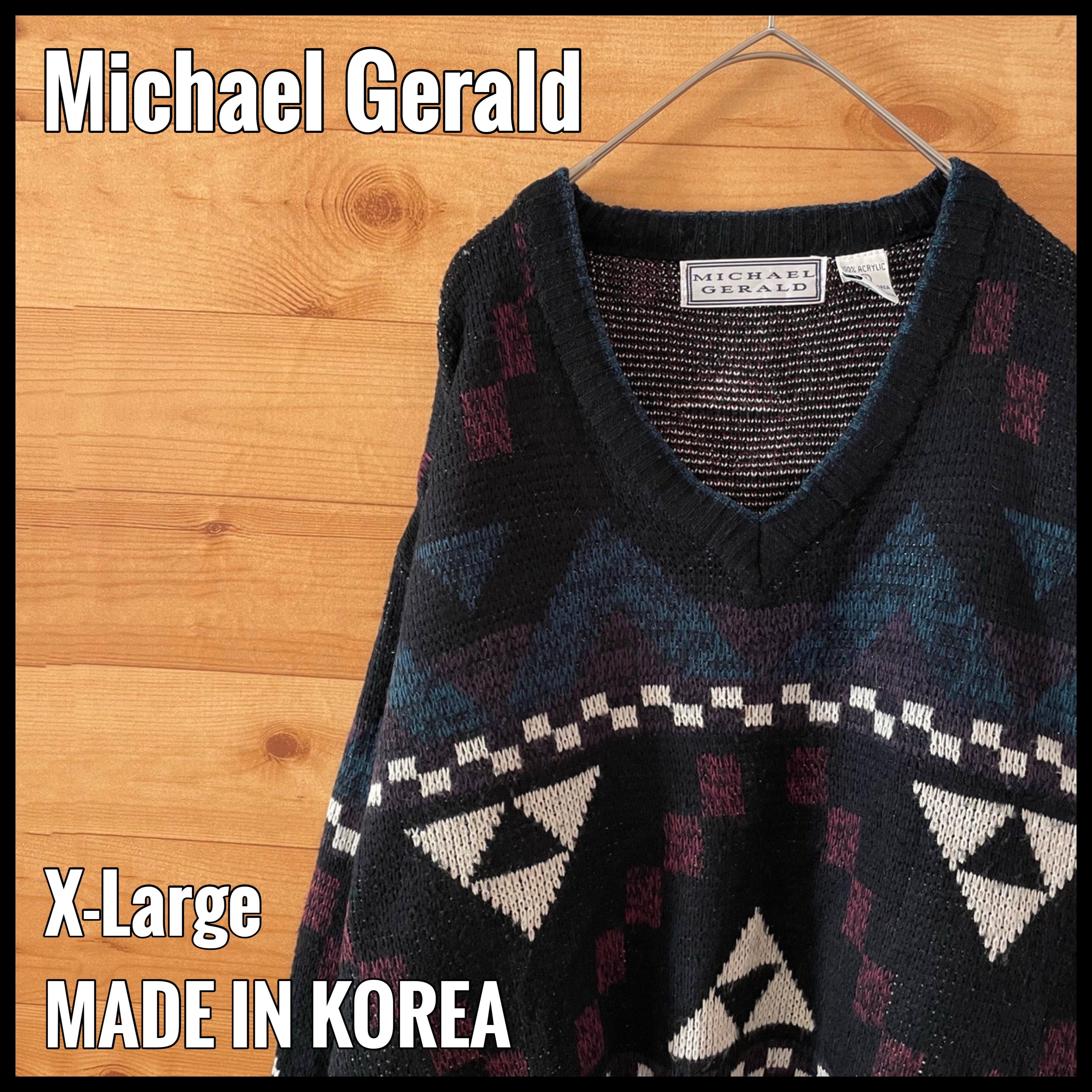 Michael Gerald】韓国製 デザインニット 柄ニット セーター Vネック