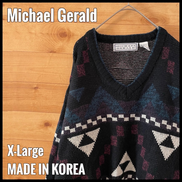 【Michael Gerald】韓国製 デザインニット 柄ニット セーター Vネック 柄物 総柄 オールパターン XL ビッグサイズ US古着