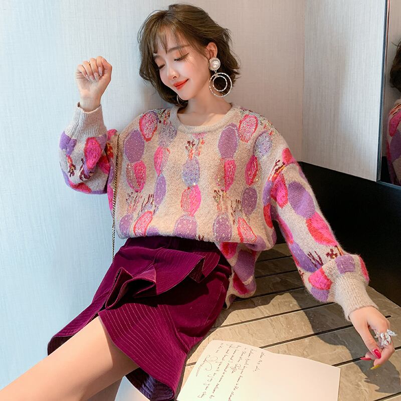 ラインストーンパターンラウンドネックルーズニットセーター ウィンター 冬物 Oネック MIUCO59392869984