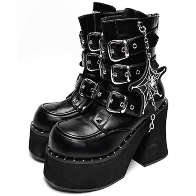 ◆【Ladies】スパイダーネットチャーム バックル厚底ブラックブーツ（ruf_02747）