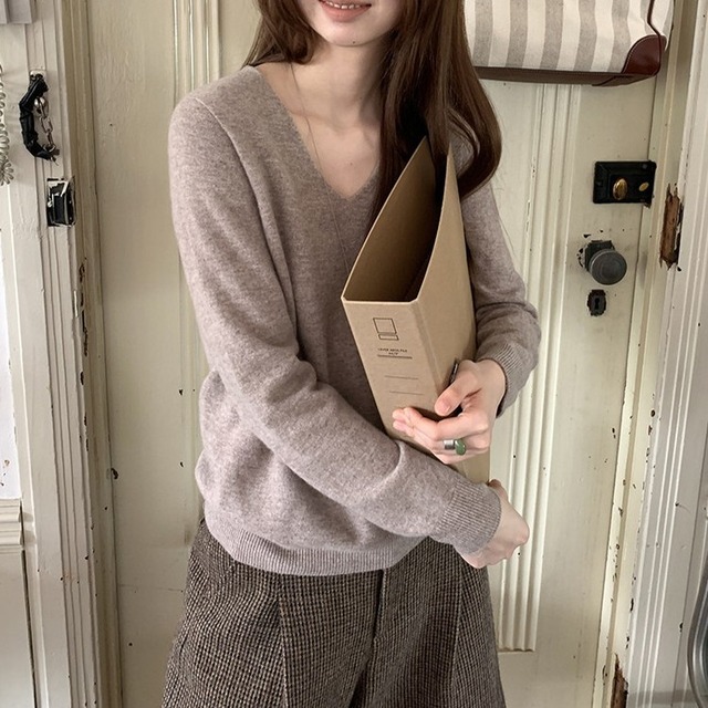 Vネックシームレスニット 2color [am03962]