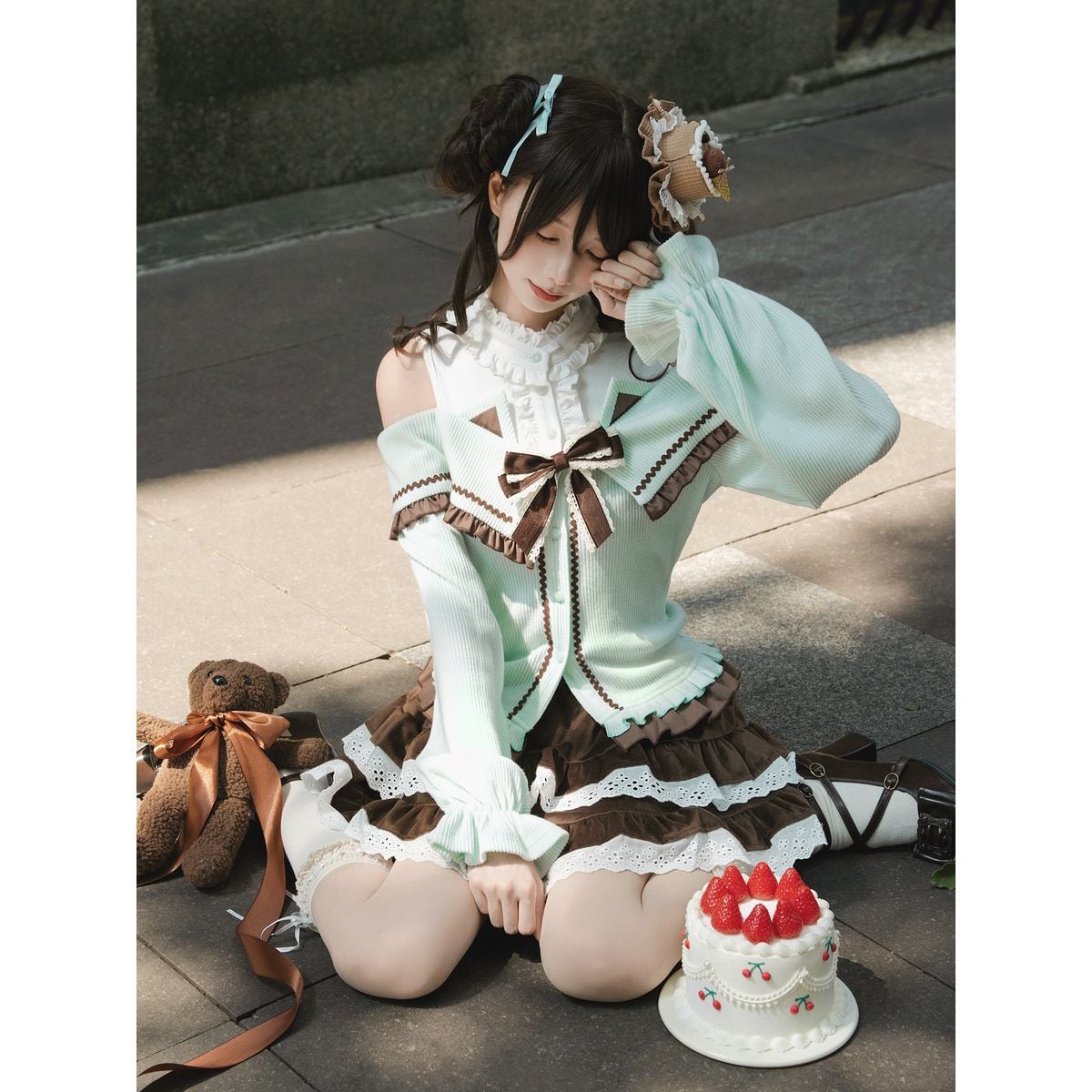 チョコミントオープンショルダーニットセットアップ | Maiden's Rêve