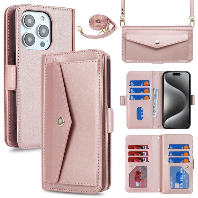 Eastwave for iPhone 15 Pro Max ケース ショルダー クロスボディアイフォン 15promax 留め具 肩がけ 首掛け 斜め掛け カードケース 15 Pro Max for iPhone 手帳型 Case 財布型 カード収納 小銭入れ PUレザー ピンク