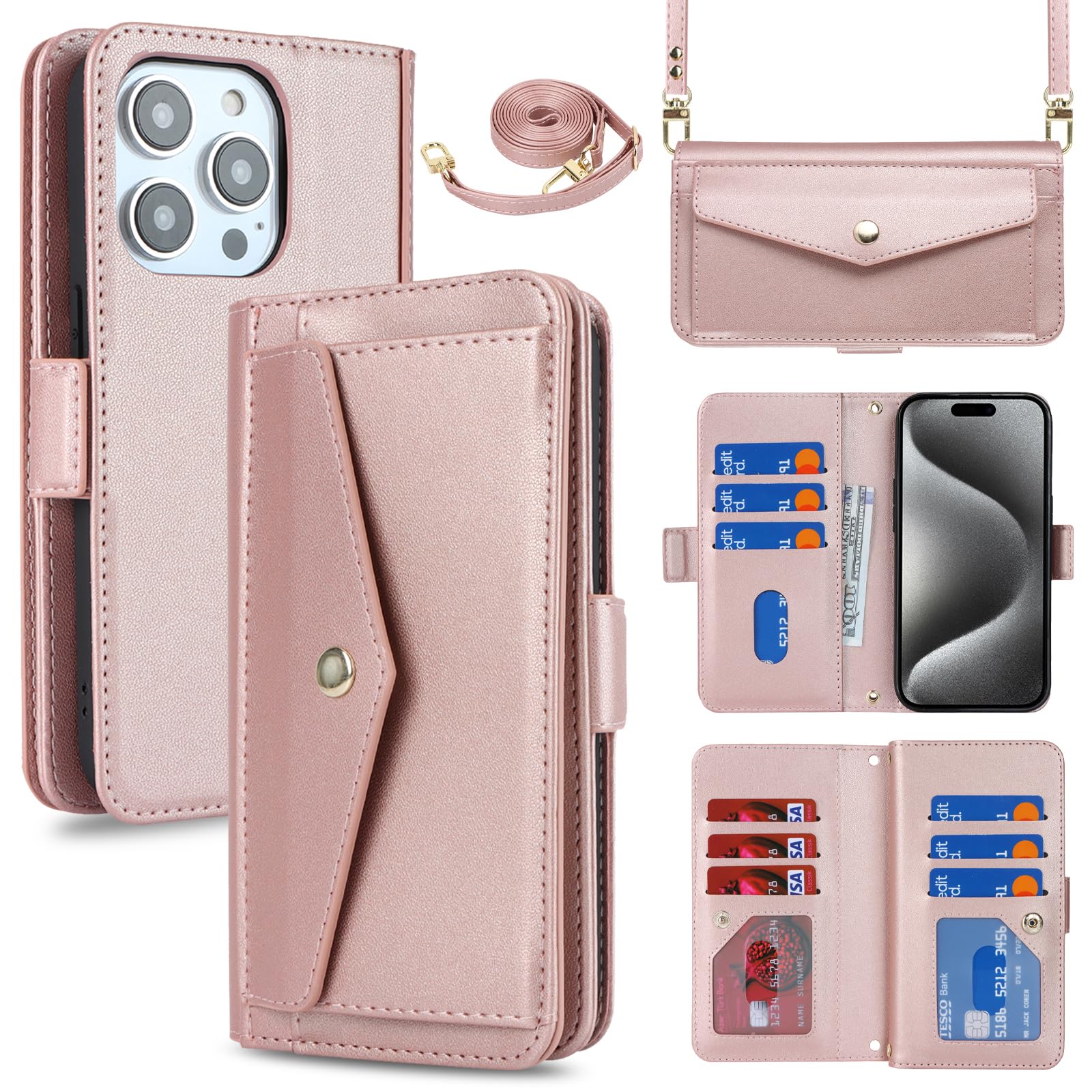 Eastwave for iPhone 15 Pro Max ケース ショルダー クロスボディアイフォン 15promax 留め具 肩がけ 首掛け 斜め掛け カードケース 15 Pro Max for iPhone 手帳型 Case 財布型 カード収納 小銭入れ PUレザー ピンク