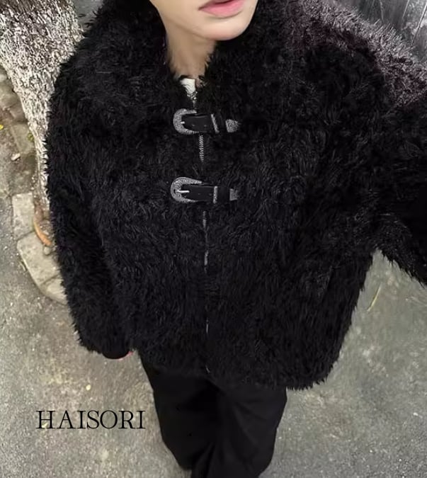(NEW) Shaggy Knit Jacket with Buckle Collar