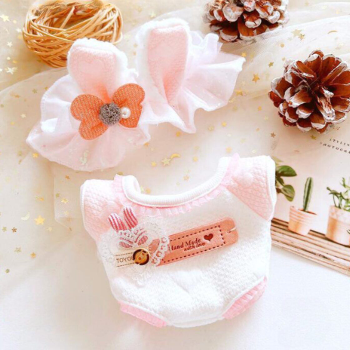 20㎝用】2点セット ピンク ブルー うさ耳 リボン ロンパース アイドル