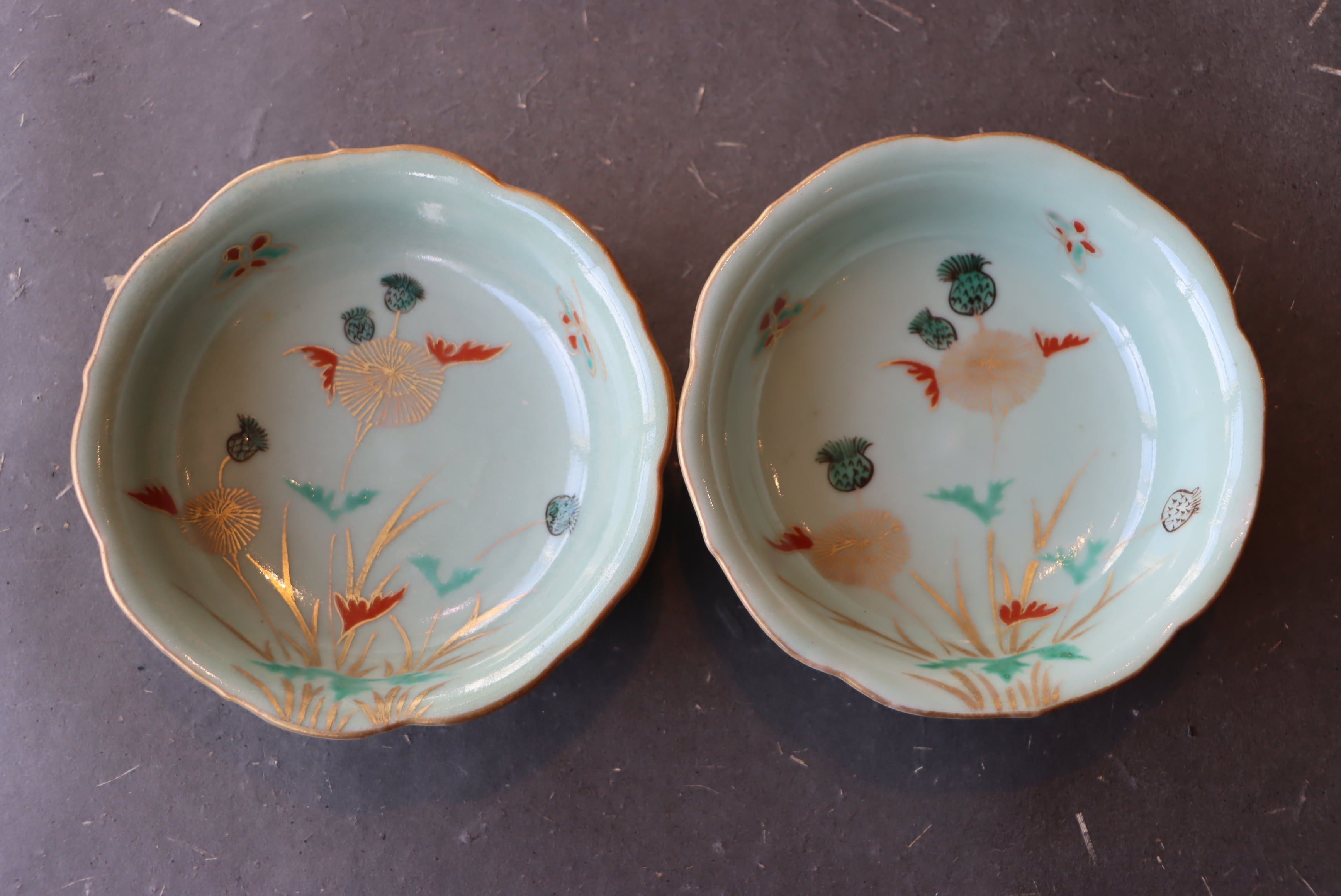 古伊万里 青磁 たんぽぽに蝶文 向付 五客組/Old Imari cup set of 5