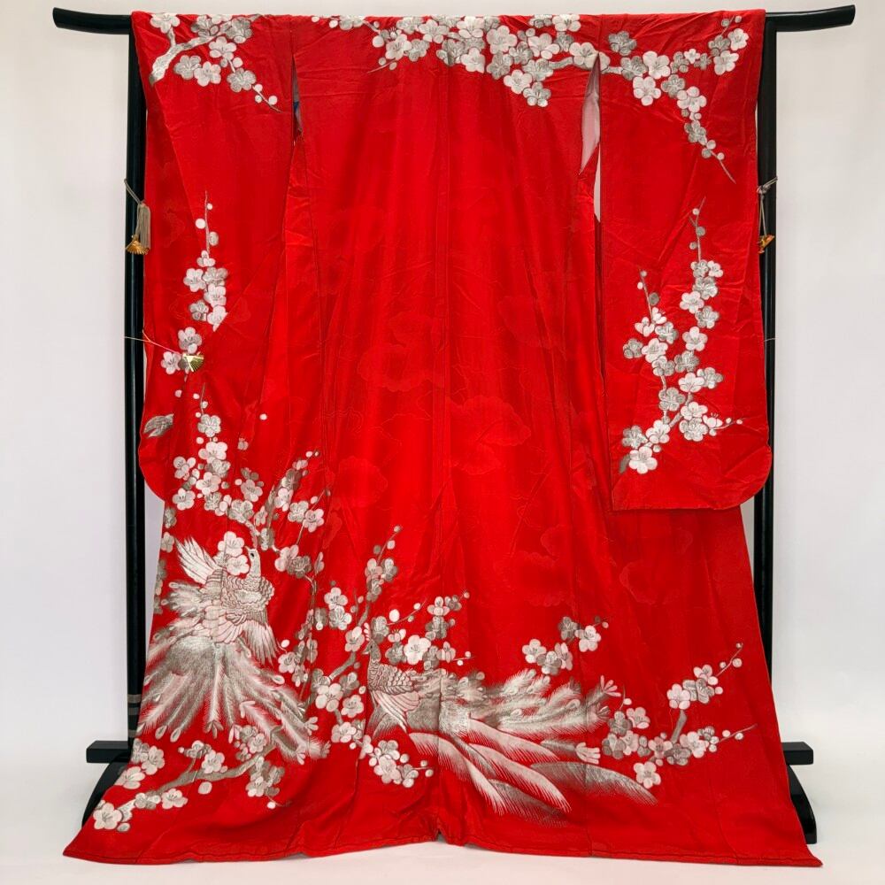 本振袖 引き振袖 赤 正絹 花柄 古典 刺繍 結婚式 裄65.2cm 身丈180cm 花嫁衣装 Mサイズ 6285