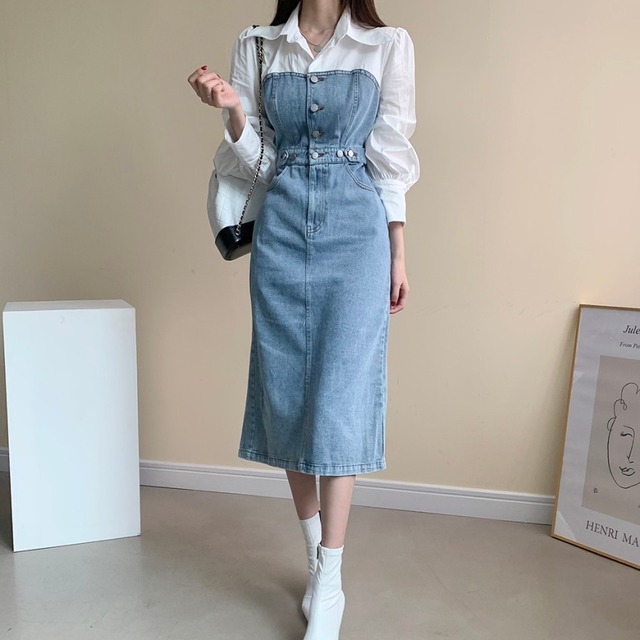 ワンピース レディース 春夏 秋冬 春 夏 秋 冬 デニムワンピース ミディアムワンピース Aライン ひざ丈 Aラインワンピース デニム ひざ丈 ワンピース ミモレワンピース ミモレ丈 無地 楽チン ライトブルー オフィスカジュアル きれいめ Ol 10代 代 30代 40代 C Oss0029